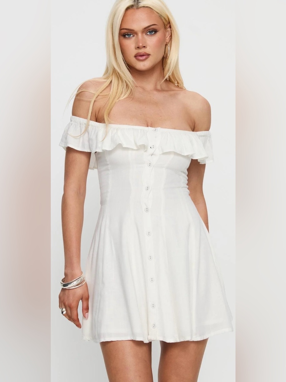 Princess Polly Corail White Off-Shoulder Ruffle Button-Front Dress
